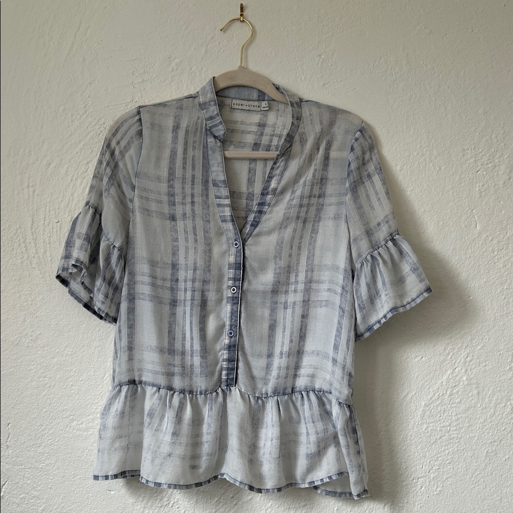 Paper Crane Light Blue Plaid Ruffle Hem Blouse